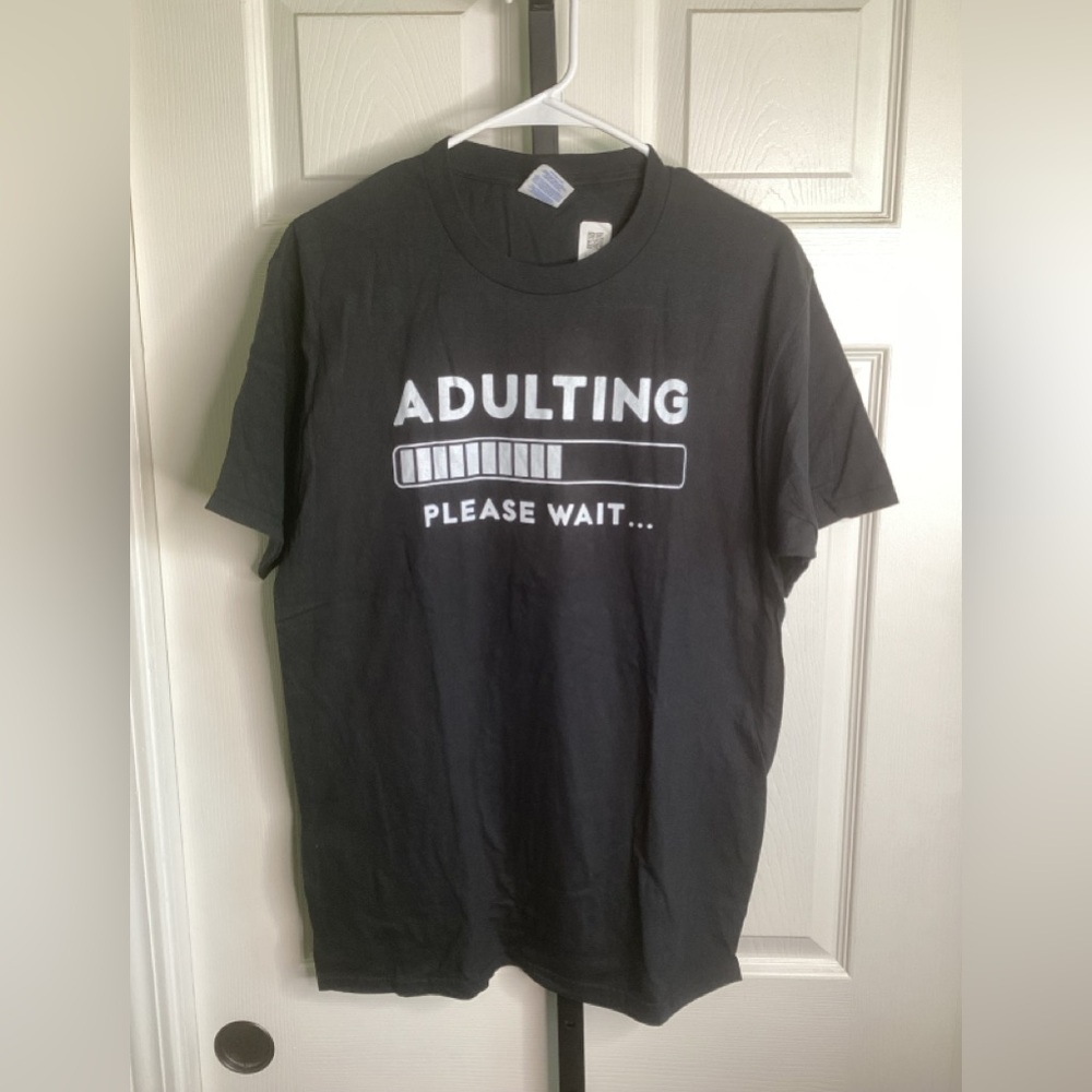 Port and Company Black 'Adulting Please Wait' T-Shirt, size Medium, NWT